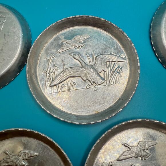 Vintage MCM Aluminum Coasters Duck Scene in Marsh 6 each - Picture 3 of 8